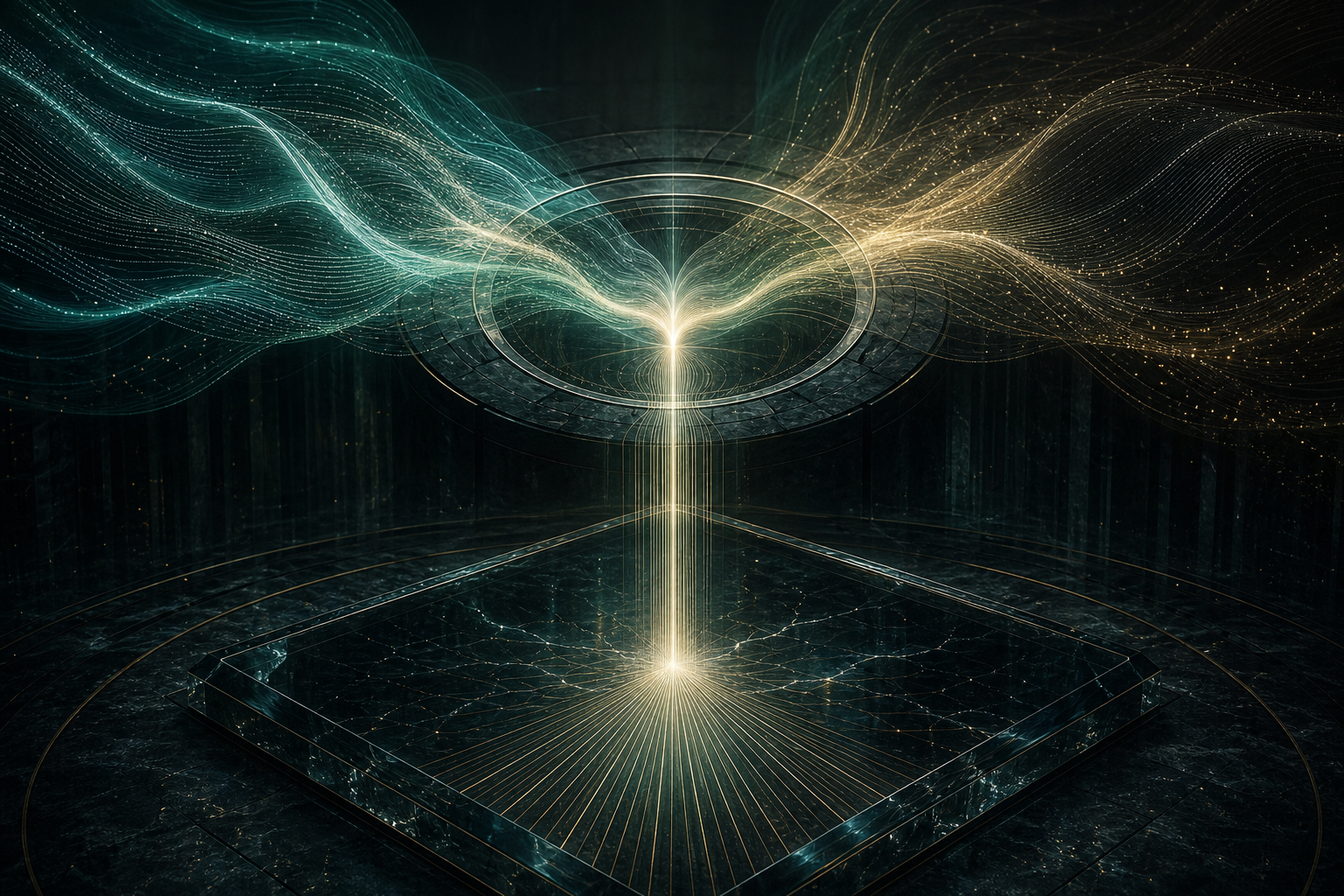 Teal and golden information waves converging through an observation boundary into an ordered output plane
