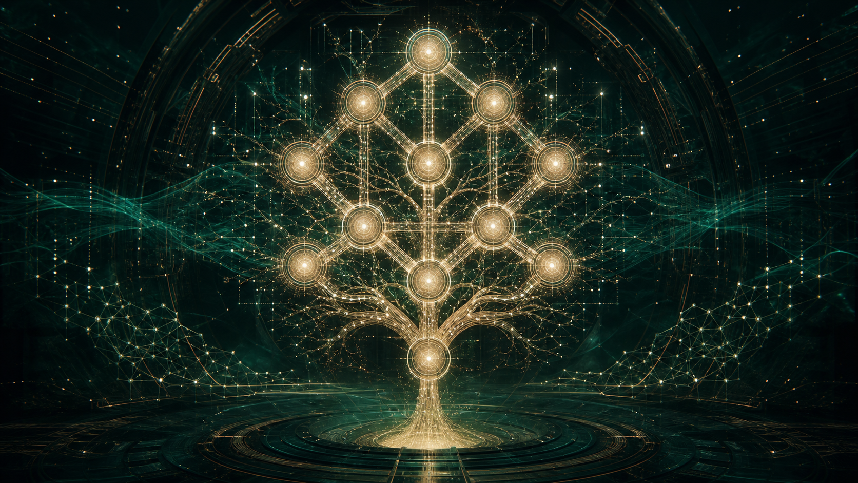 A luminous technical Tree of Life architecture in a dark emerald quantum chamber
